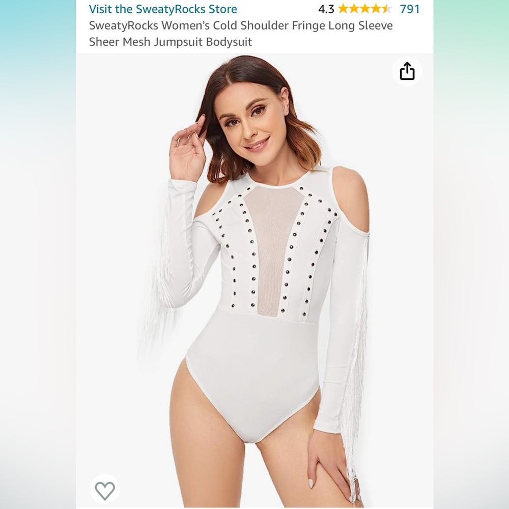 White bodysuit with shoulder cutouts and fringe on the sleeves